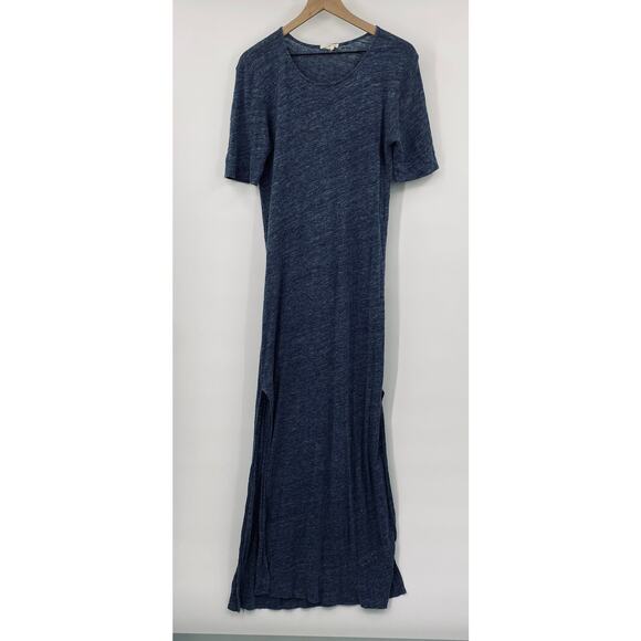 Anthropologie Linen Maxi Dress Side Slits Short Sleeve Slate Blue Space Dye XS P - Picture 2 of 9